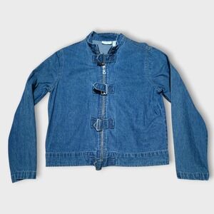 Vintage Lew Magram Denim Jacket Buckled Straps Zip Moto Trucker Size Large Y2K